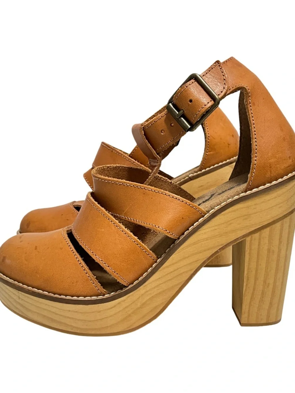 Free People Mix It Up Platform Sandals Cognac Leather Wood Heel Size 7.5